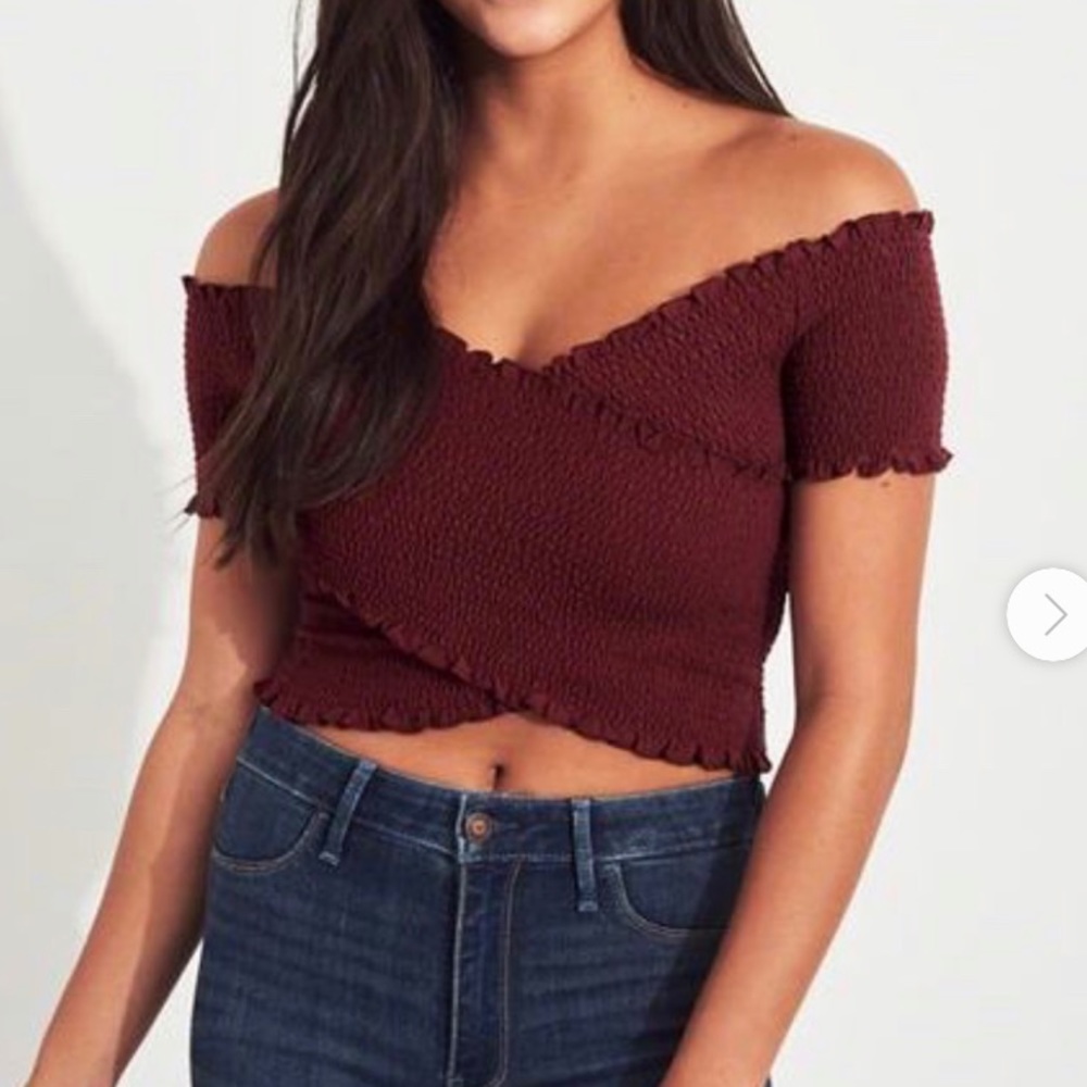 Hollister burgundy cross front smocked crop top